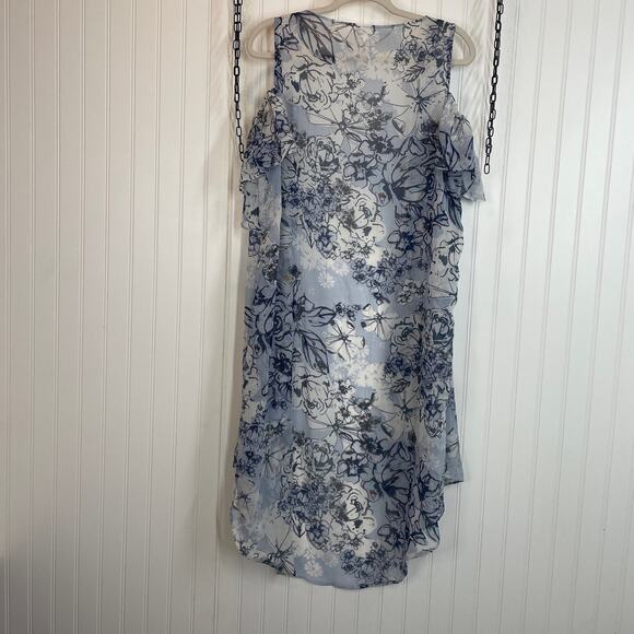 BCBGeneration Blue Floral Sheer Lightweight Cold Shoulder Kimono Top One Size - Picture 5 of 6